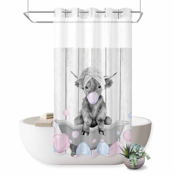 No Hook Shower Curtain, Grey Yak Shower Curtains for Bathroom with See Through Top Window, Pink Blue Bubbles Bathtub Vintage Wooden Waterproof & Washable Bath Curtain Stand Up Stall 36"x72"