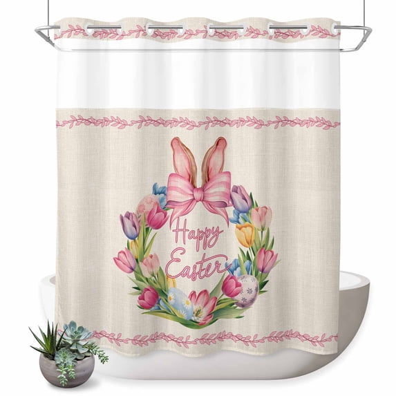 No Hook Shower Curtain, Happy Easter Shower Curtains for Bathroom with See Through Top Window, Rabbits Bows Spring Tulips Eggs Retro Waterproof & Washable Bath Curtain 66"x72"