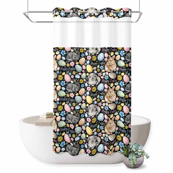 No Hook Shower Curtain, Happy Easter Shower Curtains for Bathroom with See Through Top Window, Spring Watercolor Rabbits Eggs Flower Black Waterproof & Washable Bath Curtain Stand Up Stall 36"x72"