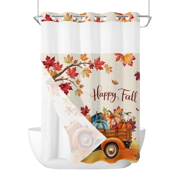 No Hook Shower Curtain, Happy Fall Extra Long Bathtub Curtains with Snap in Liner, Orange Truck Maple Branch Thanksgiving Rustic Waterproof Washable Fabric Shower Curtain Set, 72" x 96"