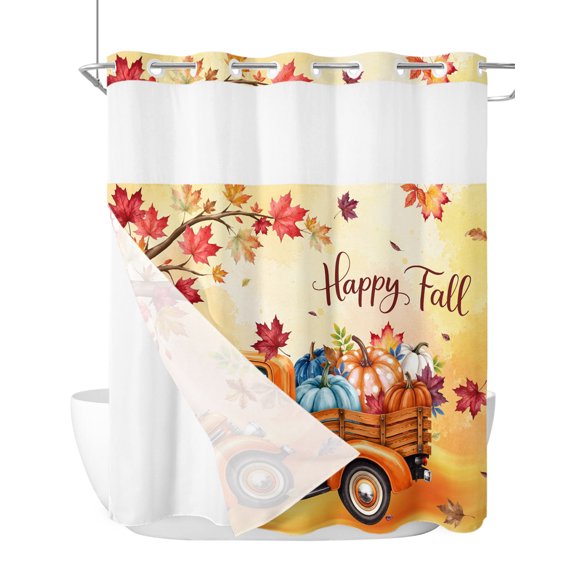 No Hook Shower Curtain, Happy Fall Long Bathtub Curtains with Snap in Liner, Orange Truck Maple Branches Thanksgiving Orange Waterproof Washable Fabric Bathroom Curtain Set, 72" x 78"