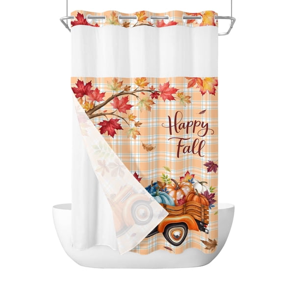 No Hook Shower Curtain, Happy Fall Small Shower Curtains with Snap in Liner, Orange Truck Maple Branches Thanksgiving Checked Waterproof Washable Fabric Bathroom Curtain Set, 36" x 72"