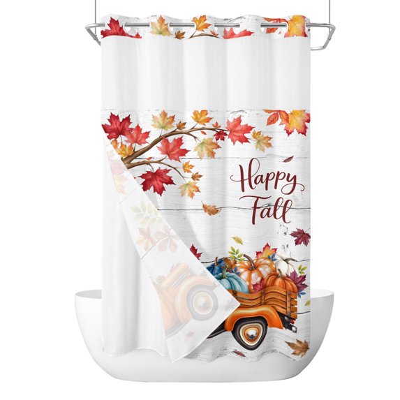 No Hook Shower Curtain, Happy Fall Small Shower Curtains with Snap in Liner, Orange Truck Maple Branches Thanksgiving Wood Waterproof Washable Fabric Bathroom Curtain Set, 36" x 78"