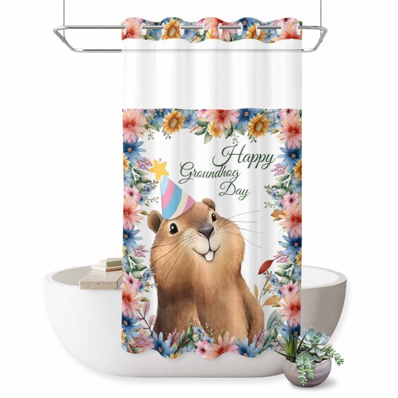 No Hook Shower Curtain, Happy Groundhog Day Shower Curtains for Bathroom with See Through Top Window, Cute Ground Rat Flower Bushes Leaves Waterproof & Washable Bath Curtain Stand Up Stall 36"x72"