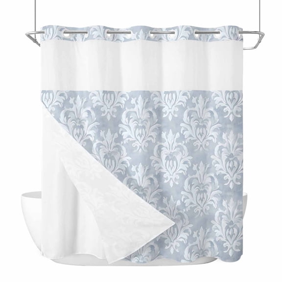 No Hook Shower Curtain, Haze Blue Boho Standard Shower Curtain with Snap in Liner, Neutral Middle Century Turkish Pattern Waterproof Washable Fabric Bathroom Curtains Sets, 72"W x 72"L