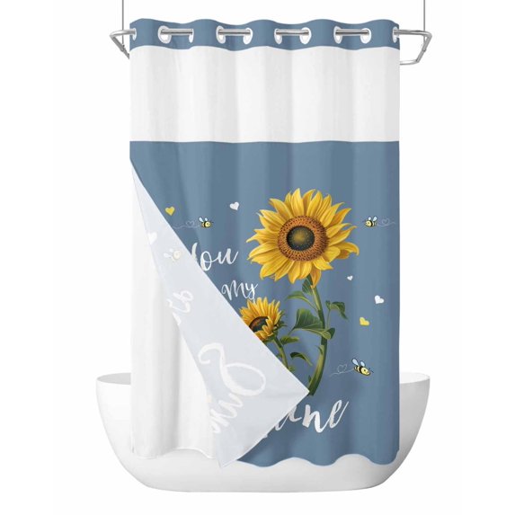 No Hook Shower Curtain, Haze Blue Sunshine Sunflower Small Shower Curtains with Snap in Liner, Pastoral Bees Farmhouse Floral Waterproof Washable Fabric Bathroom Curtain Sets, 36" x 78"