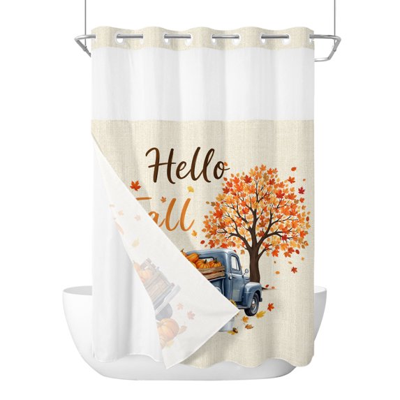 No Hook Shower Curtain, Hello Fall Extra Long Bathtub Curtains with Snap in Liner, Rustic Thanksgiving Pumpkin Truck Maple Leaf Tree Waterproof Washable Fabric Shower Curtain Set, 72" x 96"