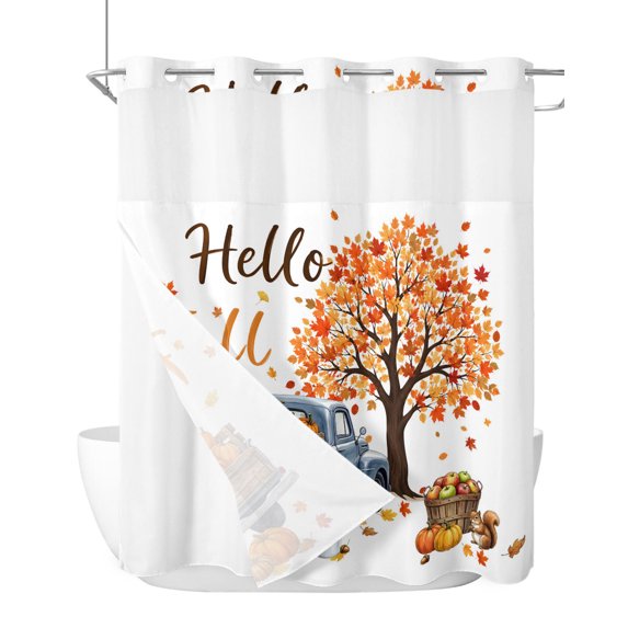 No Hook Shower Curtain, Hello Fall Standard Shower Curtains with Snap in Liner, Thanksgiving Truck Harvest Pumpkin Maple Tree Waterproof Washable Fabric Bathroom Curtain Set, 66" x 72"