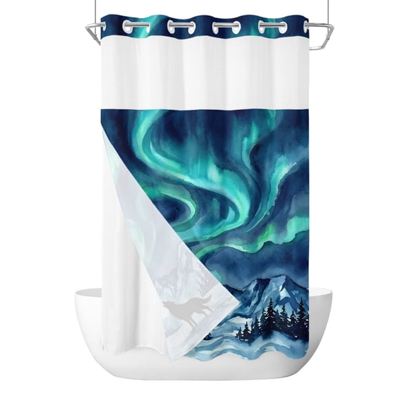 No Hook Shower Curtain, Howling Wolf Small Shower Curtains with Snap in Liner, Boho Sky Boho Navy Turquoise Snowy Rustic Waterproof Washable Fabric Bathroom Curtain Set, 36" x 78"