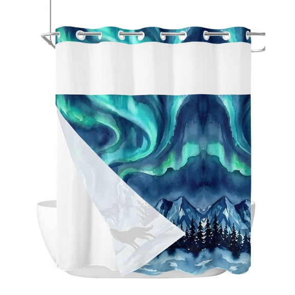 No Hook Shower Curtain, Howling Wolf Standard Shower Curtain with Snap in Liner, Boho Sky Boho Navy Turquoise Snowy Rustic Waterproof Washable Fabric Bathroom Curtains Set, 72" x 72"