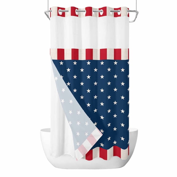 No Hook Shower Curtain, Independence Day American Flag Small Shower Curtains with Snap in Liner, White Star Red Stripes Waterproof Washable Fabric Bathroom Curtain Sets, 36"W x 72"L
