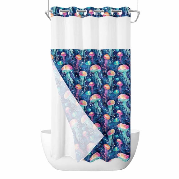 No Hook Shower Curtain, Jellyfish, Small Shower Curtains with Snap in Liner, Blue Ocean Gradient Nautical Geometric Waterproof Washable Fabric Bathroom Curtain Sets, 36"W x 72"L