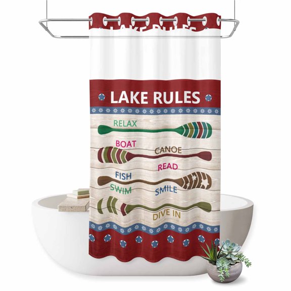No Hook Shower Curtain, Lake Rules Shower Curtains for Bathroom with See Through Top Window, Red Green Brown Paddle Striped Rudder Wooden Waterproof & Washable Bath Curtain Stand Up Stall 36"x72"