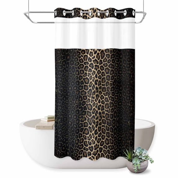 No Hook Shower Curtain, Leopard Print Shower Curtains for Bathroom with See Through Top Window, Chic Abstract Black Brown Animals Texture Waterproof & Washable Bath Curtain Stand Up Stall 36"x72"