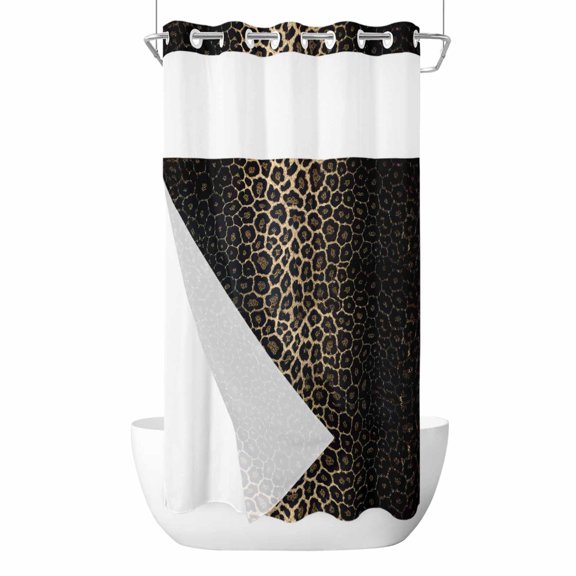 No Hook Shower Curtain, Leopard Print Small Shower Curtains with Snap in Liner, Chic Abstract Black Brown Animals Texture Waterproof Washable Fabric Bathroom Curtain Sets, 36"W x 72"L