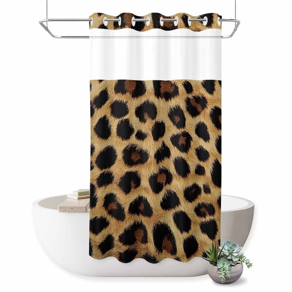 No Hook Shower Curtain,Leopard Print Waterproof Shower Curtains for Bathroom,Brown Yellow Retro Animal Fur Pattern Bathroom Curtain with Mesh Top Window for Home Hotel Bathtub,Small Stall 36"x72"