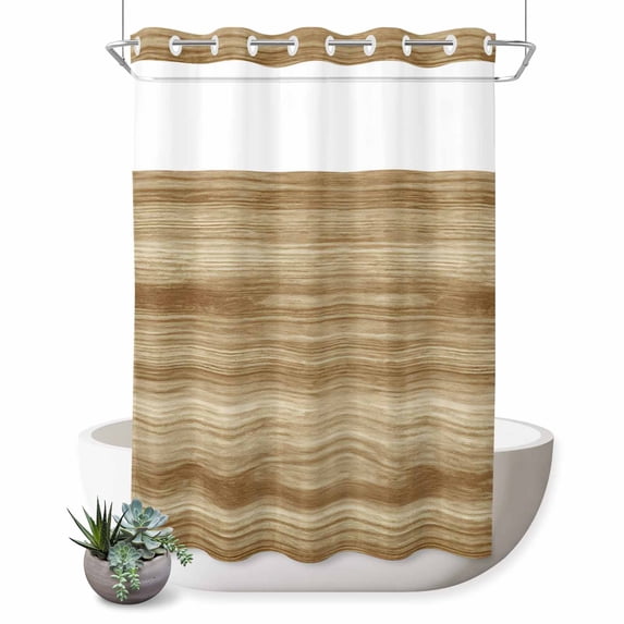 No Hook Shower Curtain, Light Brown Wood Grain Shower Curtains for Bathroom with See Through Top Window, Western Farmhouse Barn Door Waterproof & Washable Bath Curtain Stall 48"x72"