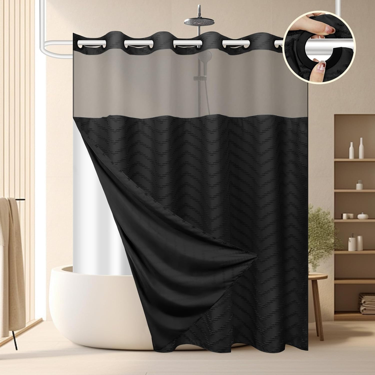 No Hook Shower Curtain and Liner Set, Black Snap in Shower Curtain
