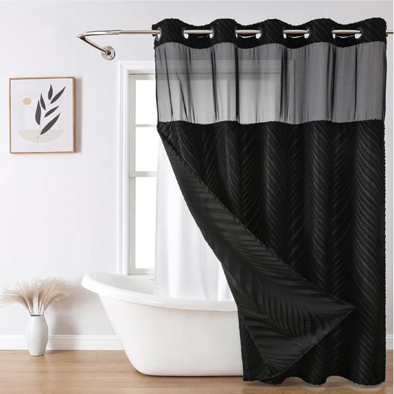 no Hook Shower Curtain and Liner Set，Boho Style with See Through Top Window, Black Fabric Tufted Striped Textured Outer Curtain & Waterproof Inner Liner, DarkBlack, 71Wx98H