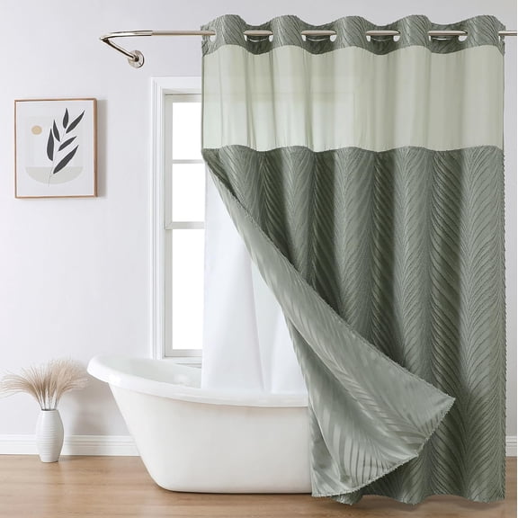 no Hook Shower Curtain and Liner Set,Boho Style with See Through Top Window, Black Fabric Tufted Striped Textured Outer Curtain & Waterproof Inner Liner, SageGreen, 71Wx80H