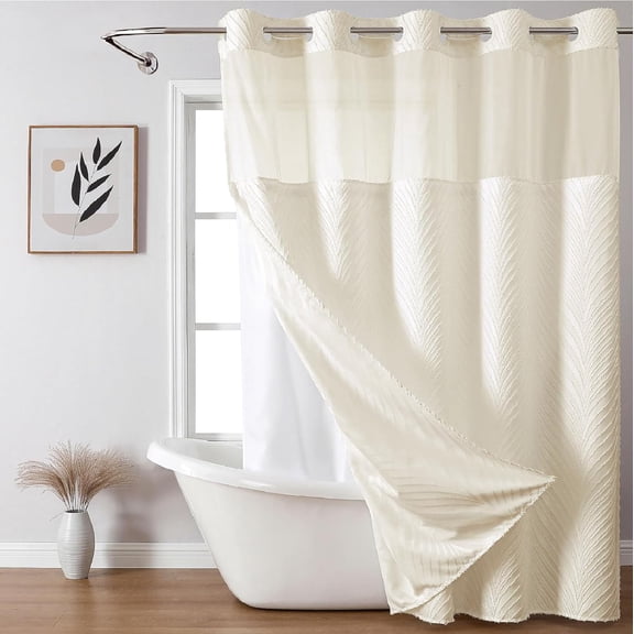 no Hook Shower Curtain and Liner Set,Boho Style with See Through Top Window, Cream Fabric Tufted Striped Textured Outer Curtain & Waterproof Inner Liner, Beige/Cream, 71Wx86H