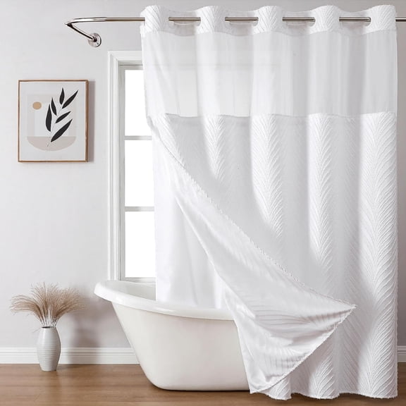 no Hook Shower Curtain and Liner SetBoho Style with See Through Top Window, White Fabric Tufted Striped Textured Outer Curtain & Waterproof Inner Liner, White, 71Wx77H