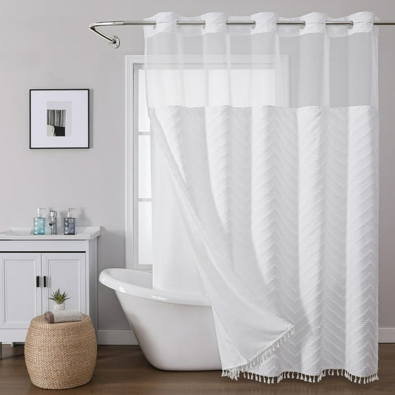 No Hook Shower Curtain Liner Set, Snap in Hookless Shower Curtain with Tassels, Ringless Chevron Tufted Fabric Boho Bathroom Curtains, Mesh Top Window Hotel Style Bath Curtains 74" x 71", White