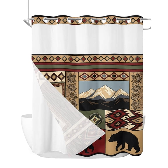 No Hook Shower Curtain, Lodge Bear Cabin Standard Shower Curtain with Snap in Liner, Vintage Brown Buffalo Plaid Boho Waterproof Washable Fabric Bathroom Curtains Set, 72" x 72"