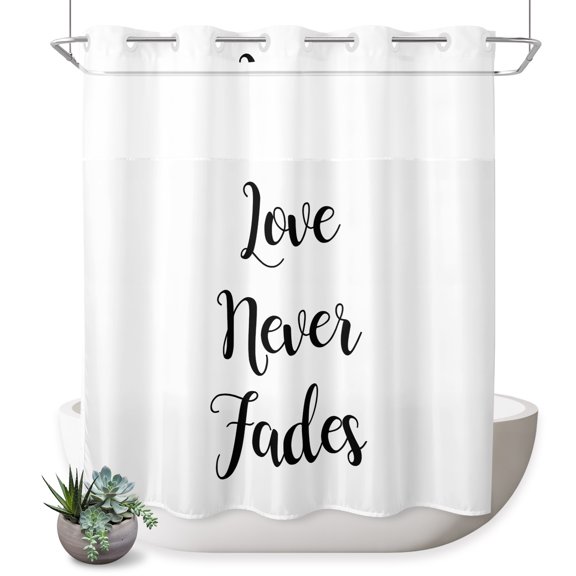 No Hook Shower Curtain, Love Never Fades Quote Black White Waterproof Shower Curtains See Through Top Window, Simple Abstract Text Hotel Luxury Bathroom Curtain 72x72in