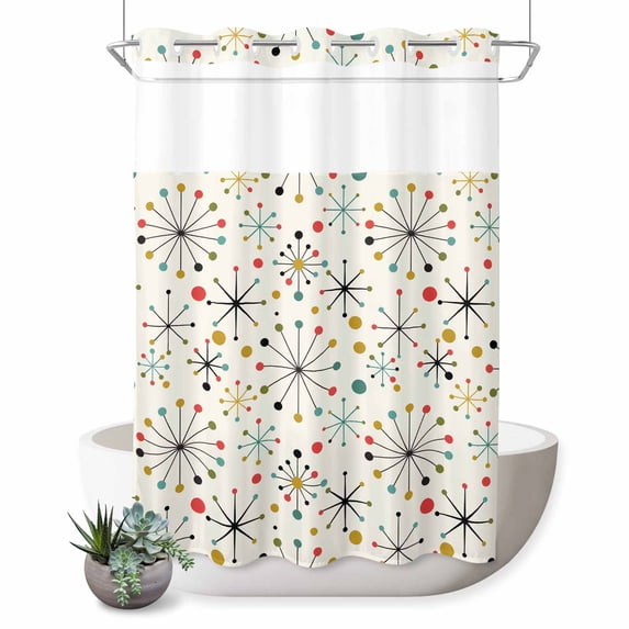 No Hook Shower Curtain, Middle Century Shower Curtains for Bathroom with See Through Top Window, Geometric Modern Abstract Vintage Waterproof & Washable Bath Curtain Stall 48"x72"