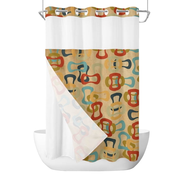 No Hook Shower Curtain, Middle Century Small Shower Curtains with Snap in Liner, Abstract Geometric Colorful Rings Brown Waterproof Washable Fabric Bathroom Curtain Set, 36" x 72"