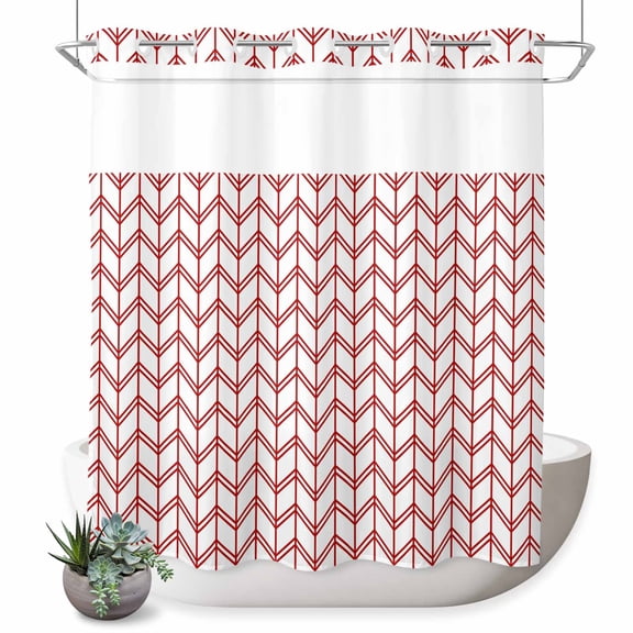 No Hook Shower Curtain, Minimalist Red Herringbone Texture Waterproof Shower Curtains See Through Top Window, Modern Geometric Stripe Hotel Luxury Bathroom Curtain 72x72in