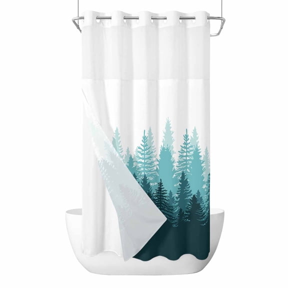 No Hook Shower Curtain, Modern Forest Aqua, Small Shower Curtains with Snap in Liner, Gradient Aesthetics Modern Color Decor Waterproof Washable Fabric Bathroom Curtain Sets, 36"W x 72"L