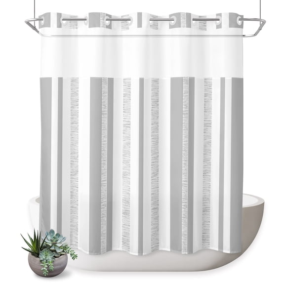 No Hook Shower Curtain, Modern Minimalist Shower Curtains for Bathroom with See Through Top Window, Gray Vertical Stripes Pattern Waterproof & Washable Bath Curtain Standard 72"x72"