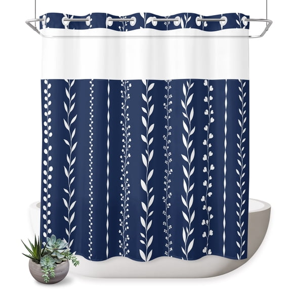 No Hook Shower Curtain, Modern Simple Lines Shower Curtains for Bathroom with See Through Top Window, Rustic Leaf Vertical Stripes Navy Blue Waterproof & Washable Bath Curtain Standard 72"x72"