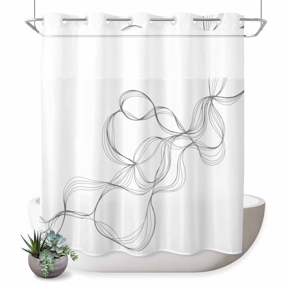 No Hook Shower Curtain, Modern White Shower Curtains for Bathroom with See Through Top Window, Minimalist Abstract Ribbon A Sketch Rt Waterproof & Washable Bath Curtain 66"x72"