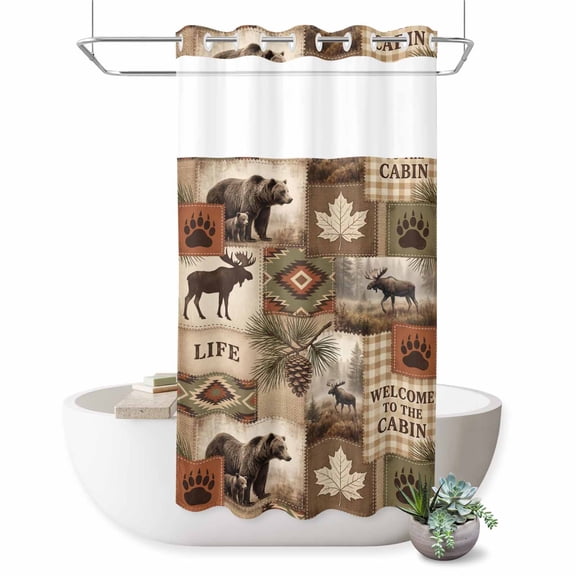 No Hook Shower Curtain, Moose Bear Shower Curtains for Bathroom with See Through Top Window, Forest Wildlife Pinecone Branch Rustic Country Waterproof & Washable Bath Curtain Stand Up Stall 36"x72"