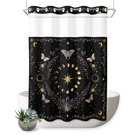 No Hook Shower Curtain, Mystic Flower Leaves Shower Curtains for Bathroom with See Through Top Window, Black Moon Floral Plants Butterfly Waterproof & Washable Bath Curtain Extra Long 72"x84"