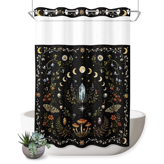 No Hook Shower Curtain, Mystic Plants Shower Curtains for Bathroom with See Through Top Window, Farmhouse Moon Botanical Floral Butterfly Waterproof & Washable Bath Curtain Stall 48"x72"