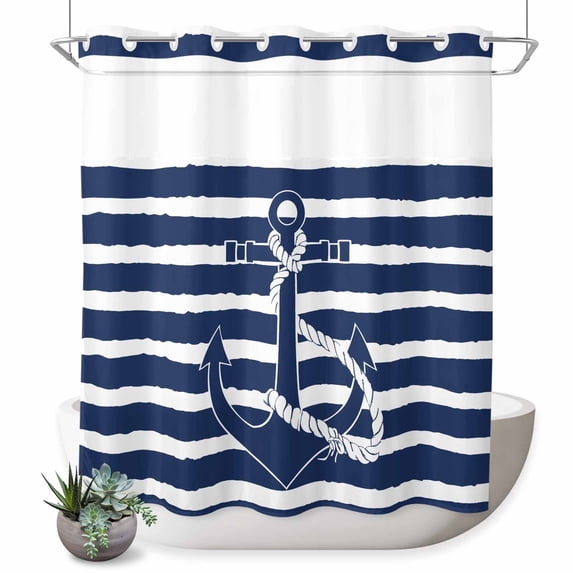 No Hook Shower Curtain, Navy Blue Anchor Nautical Shower Curtains for Bathroom with See Through Top Window, Navy Blue Striped Farmhouse Waterproof & Washable Bath Curtain Standard 72"x72"