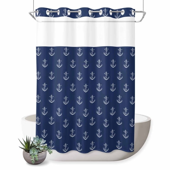 No Hook Shower Curtain, Navy Blue Anchor Shower Curtains for Bathroom with See Through Top Window, Nautical Coastal Summer Ocean Ship Waterproof & Washable Bath Curtain Stall 48"x72"