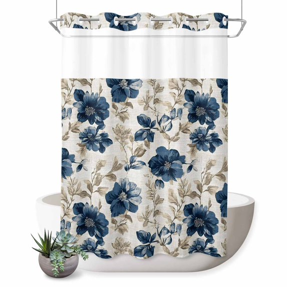 No Hook Shower Curtain, Navy Blue Beige Floral Shower Curtains for Bathroom with See Through Top Window, Vintage Farmhouse Floral Leaves Waterproof & Washable Bath Curtain Extra Long 72"x96"