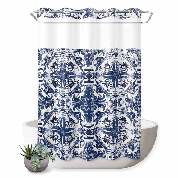 No Hook Shower Curtain, Navy Blue Boho Shower Curtains for Bathroom with See Through Top Window, Ehtnic Abstract Art Modern Geometric Waterproof & Washable Bath Curtain Extra Long 72"x96"