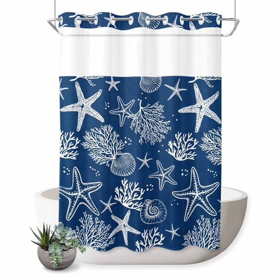 No Hook Shower Curtain, Navy Blue Coastal Shower Curtains for Bathroom with See Through Top Window, Nautical Beach Starfish Coral Summer Waterproof & Washable Bath Curtain Stall 48"x72"