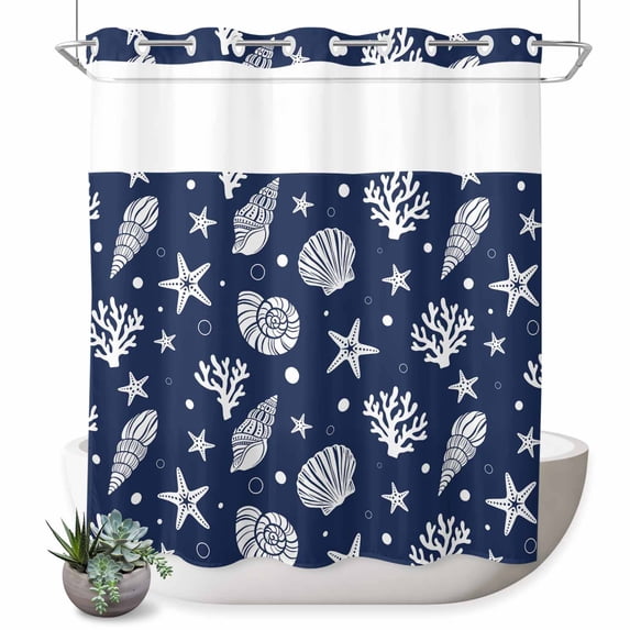 No Hook Shower Curtain, Navy Blue Coastal Shower Curtains for Bathroom with See Through Top Window, Nautical Starfish Coral Shell Summer Ocean Waterproof & Washable Bath Curtain Long 72"x78"