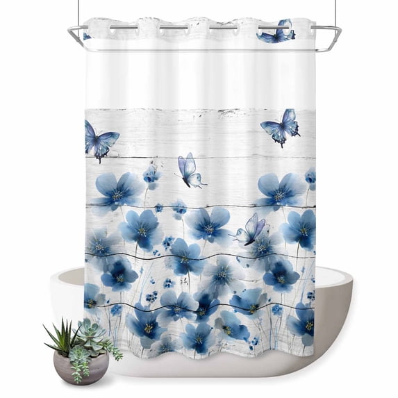 No Hook Shower Curtain, Navy Blue Floral Shower Curtains for Bathroom with See Through Top Window, Spring Flowers Butterflies Wooden Waterproof & Washable Bath Curtain Stall 48"x72"