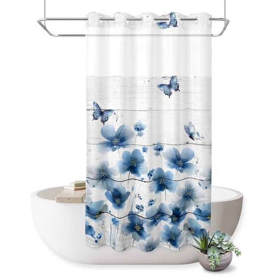 No Hook Shower Curtain, Navy Blue Floral Shower Curtains for Bathroom with See Through Top Window, Spring Flowers Butterflies Wooden Waterproof & Washable Bath Curtain Stand Up Stall 36"x72"
