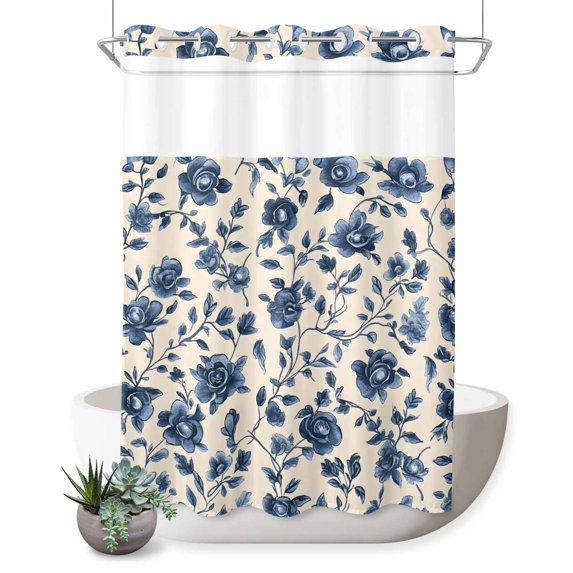 No Hook Shower Curtain, Navy Blue Floral Shower Curtains for Bathroom with See Through Top Window, Spring Vintage Blossom Botanical Waterproof & Washable Bath Curtain Stall 48"x72"