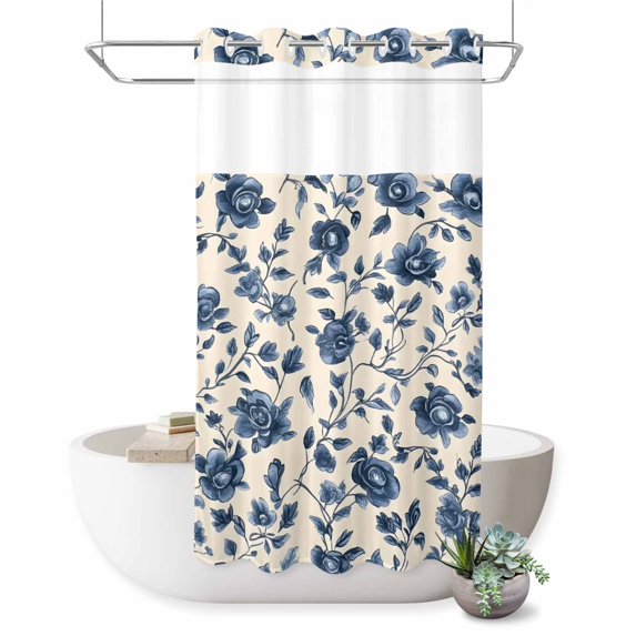 No Hook Shower Curtain, Navy Blue Floral Shower Curtains for Bathroom with See Through Top Window, Spring Vintage Blossom Botanical Waterproof & Washable Bath Curtain Stand Up Stall 36"x72"