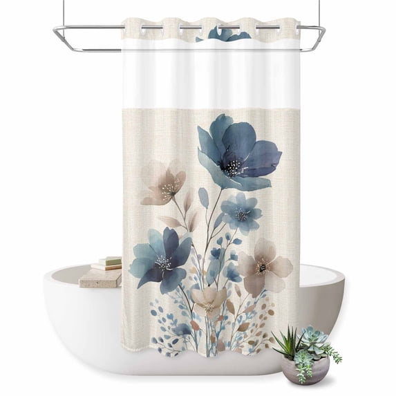 No Hook Shower Curtain, Navy Blue Floral Shower Curtains for Bathroom with See Through Top Window, Watercolor Flowers Farmhouse Linen Waterproof & Washable Bath Curtain Stand Up Stall 36"x72"